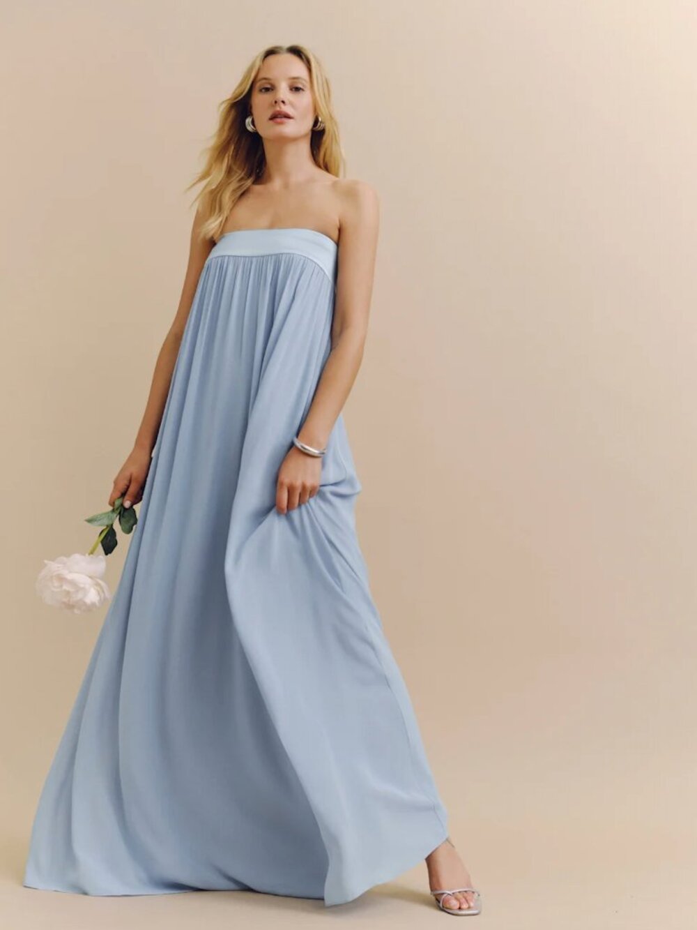 Reformation Maribelle Strapless Light Blue Maxi Bridesmaid Dress